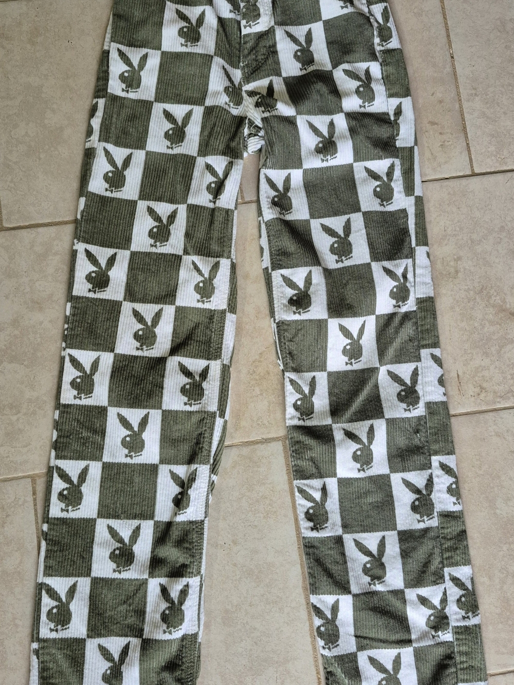 PacSun Olive & White Checker Corduroy Pants with Bunny Print